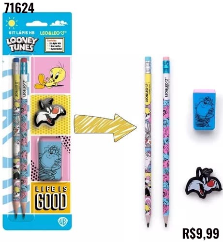 KIT 2 LAPIS HB/BORRACHA E APONTADOR  LOONEY TUNES